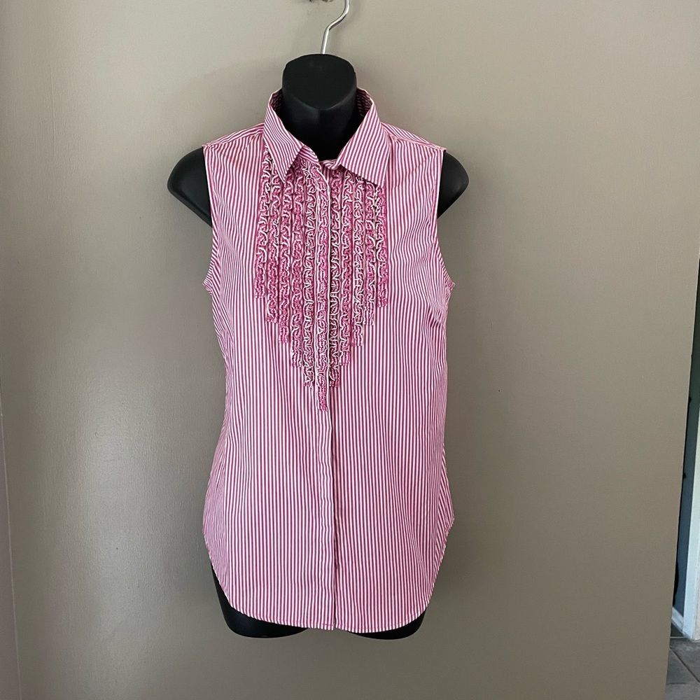 Ralph Lauren Pink Stripe Ruffle Button Down Shirt